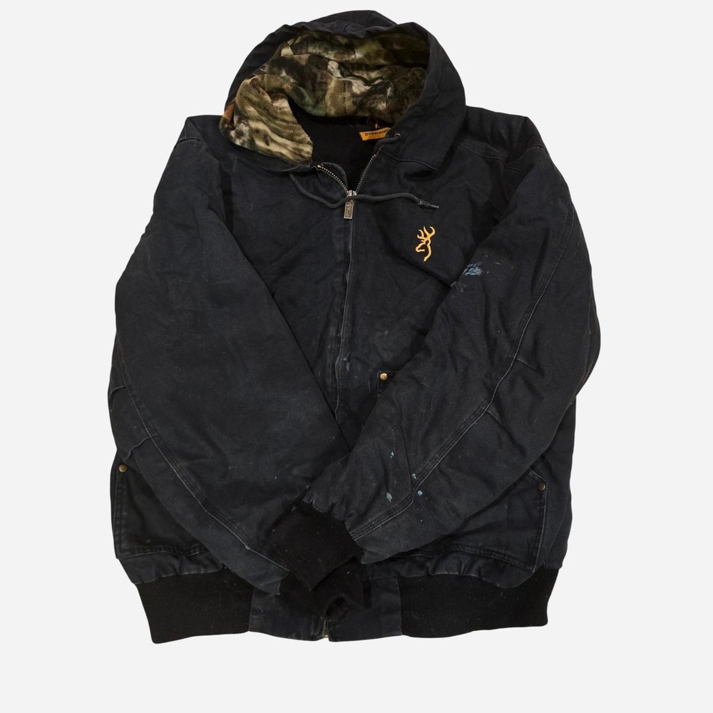 Black Browning jacket with camouflage hood, size XL'